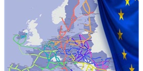 Rete transeuropea dei trasporti (TEN-T) sulla mappa e sulla bandiera dell'Europa